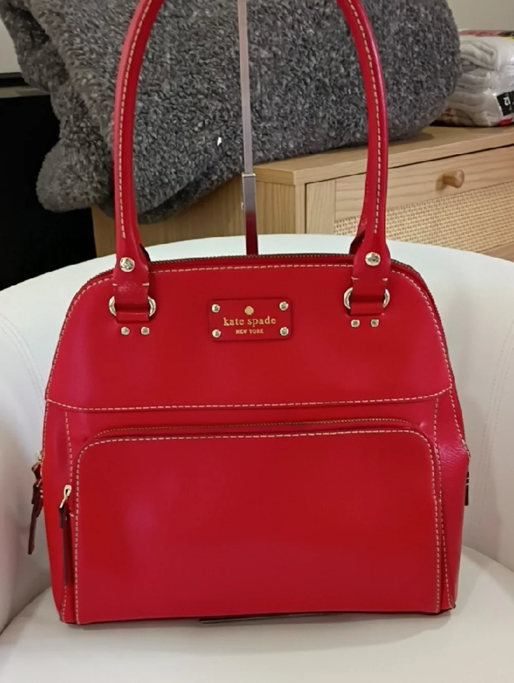 Kate Spade Red Pebbled Leather Dome Satchel with Front Zip Pocket